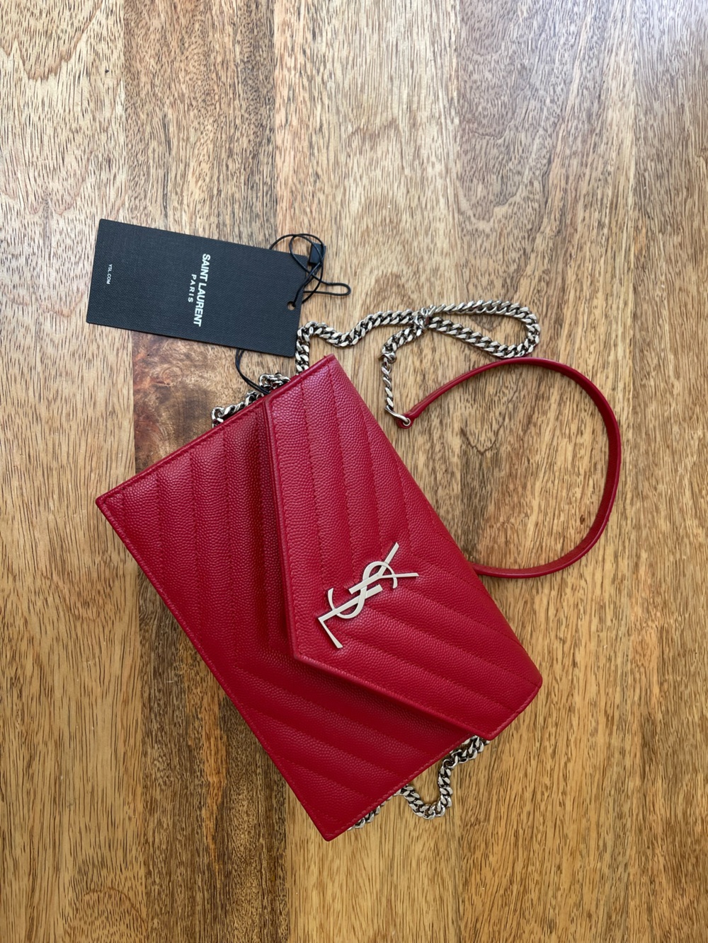 Saint Laurent Red Quilted Leather Chain Crossbody Bag with Silver YSL Logo